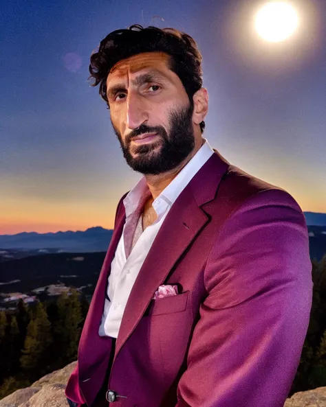 <lora:Fares_FaresSD15:0.8> medium body shot (Fares Fares:1.3) age 35 taking a selfie on a mountain rock, pink medium-length messy hair, suit, sad, natural lighting moonlight, 4k uhd, dslr, soft light, high quality, Fujifilm XT3