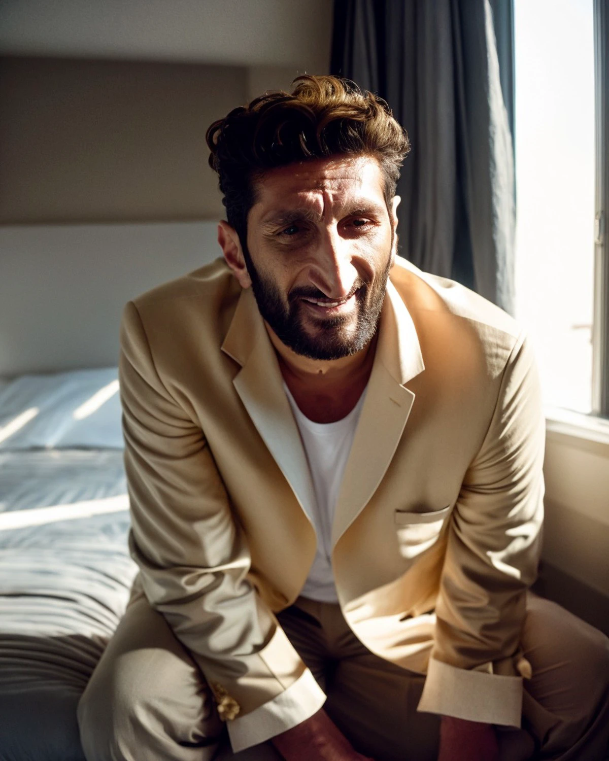 <lora:Fares_FaresSD15:0.8> far away full body shot (Fares Fares:1.3) age 35 laying down in bed, blond medium-length messy hair, suit, laughing, natural lighting sunlight, 4k uhd, dslr, soft light, high quality, Fujifilm XT3