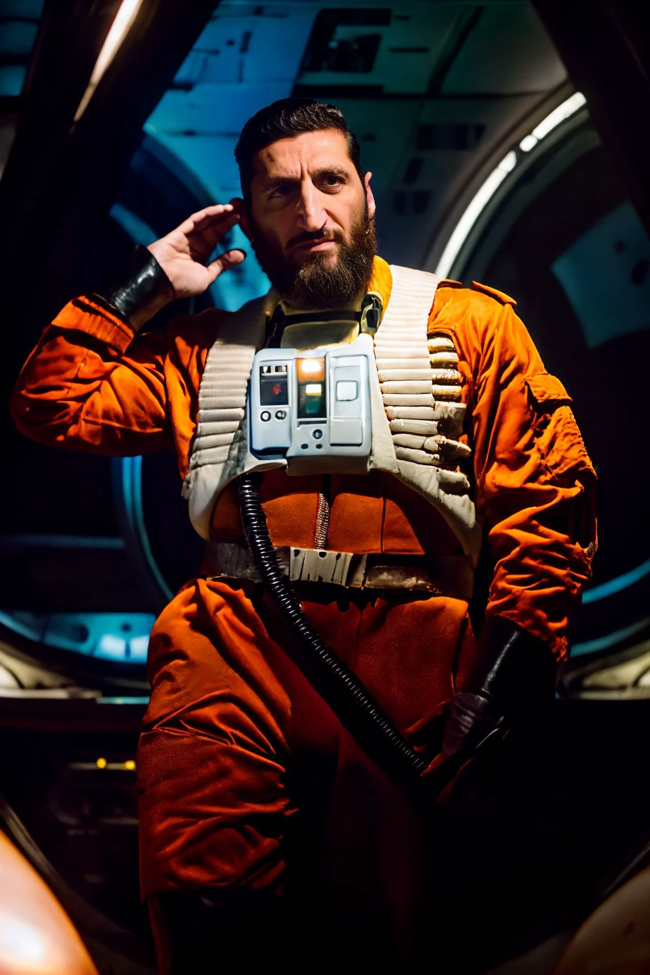 (Fares Fares:1.2) man with a (slicked-back hair:1.3) wearing a rebel pilot suit, inside a cockpit with one big wide panel (curved oval windows:1.2) showing the dark space, bright stars, (full:1.2) (long squarish:1.2) big (beard:1.2), devilish (confident looking down:1.2), 4k uhd, dslr, soft light, high quality, Fujifilm XT3 <lora:RPSV3:0.74> <lora:Fares_FaresSD15:0.68> <lora:epiNoiseoffset_v2:1.0>