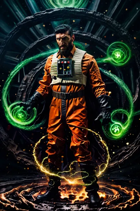 (Fares Fares:1.2) a man with a (slicked-back hair:1.3) wearing a (orange:0.2) (rebel pilot suit:1.2), dark space, bright stars, (full:1.2) (long:0.5) (squarish:1.2) big (beard:1.2), devilish (confident looking down:1.2), dynamic pose, (a circle of swirling ven0mancer, venom liquid, venom orb, swirling green liquid:1.1) is around his body, 4k uhd, dslr, soft light, high quality, Fujifilm XT3  <lora:RPSV3:0.82>  <lora:Fares_FaresSD15:0.75>  <lora:epiNoiseoffset_v2:1.0>   <lora:weight_slider_v2:-1.8> <lora:detail_slider_v4:-0.5> <lora:Concept - Venomancer:0.65>