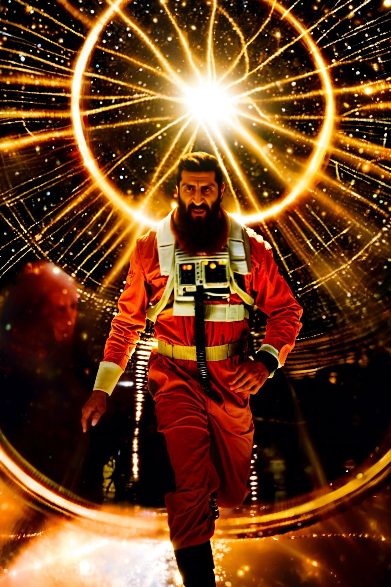 (Fares Fares:1.2) man with a (slicked-back hair:1.3) wearing a rebel pilot suit, inside a cockpit with one big wide panel (curved oval windows:1.2) showing the dark space, bright stars, (full:1.2) (long squarish:1.2) big (beard:1.2), devilish (confident looking down:1.2), (a circle of golden magic filament thread of light:1.3) is around his body, 4k uhd, dslr, soft light, high quality, Fujifilm XT3 <lora:RPSV3:0.88> <lora:Fares_FaresSD15:0.68> <lora:epiNoiseoffset_v2:1.0>