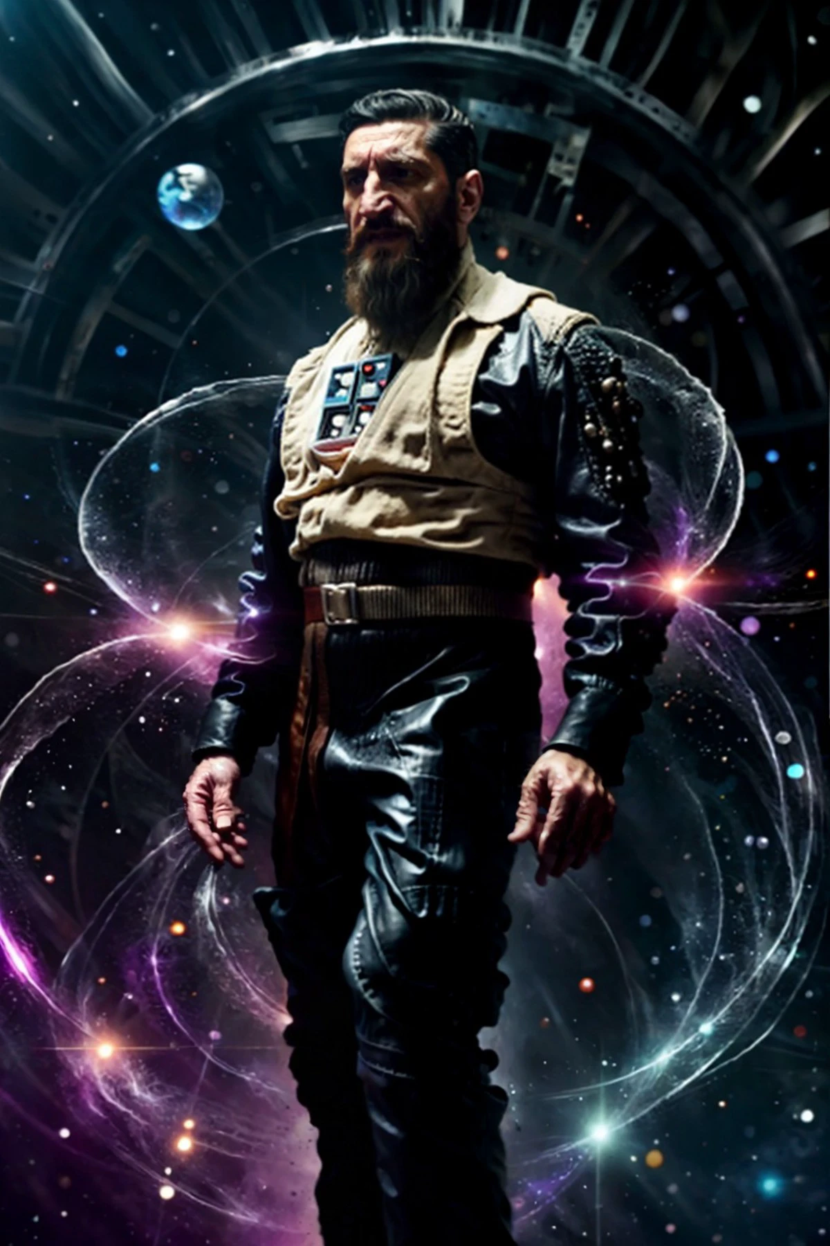 (Fares Fares:1.2) a man with a (slicked-back hair:1.3) wearing a rebel pilot suit, dark space, bright stars, (full:1.2) long (squarish:1.2) big (beard:1.2), devilish (confident looking down:1.2), (a circle of swirling psionicmagic, psychic energy, mana flow, shimmers, magic filament thread:1.1) is around his body, 4k uhd, dslr, soft light, high quality, Fujifilm XT3 <lora:RPSV3:0.9> <lora:Fares_FaresSD15:0.75> <lora:epiNoiseoffset_v2:1.0> <lora:PsionicMagic-20:1.0>