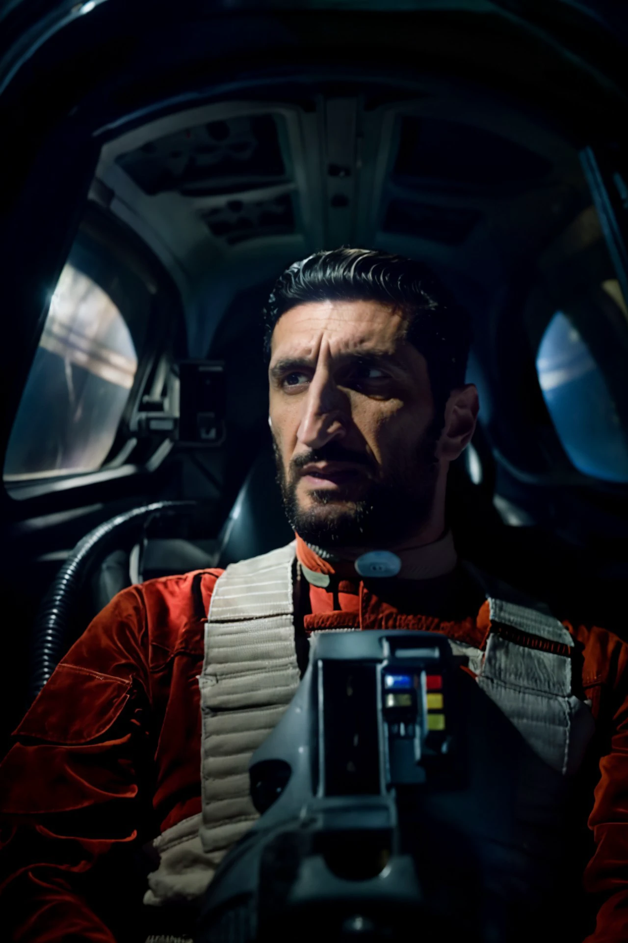 (Fares Fares:1.2) man with a (slicked-back hair:1.3) wearing a rebel pilot suit, inside a cockpit with one big wide panel (curved oval windows:1.2) showing the dark space, bright stars 4k uhd, dslr, soft light, high quality, Fujifilm XT3 <lora:RPSV3:0.7> <lora:Fares_FaresSD15:0.68> <lora:epiNoiseoffset_v2:1.8>
