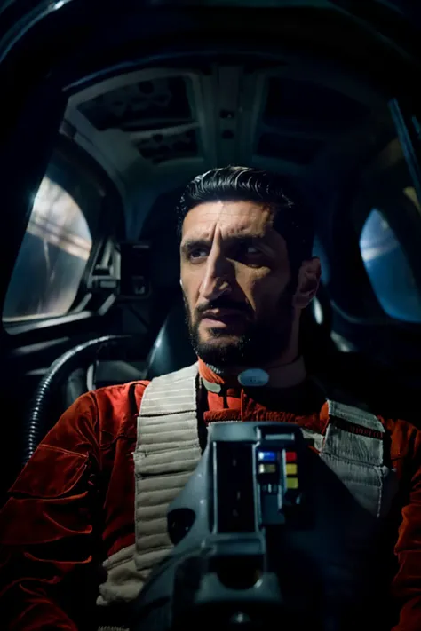 (Fares Fares:1.2) man with a (slicked-back hair:1.3) wearing a rebel pilot suit, inside a cockpit with one big wide panel (curved oval windows:1.2) showing the dark space, bright stars 4k uhd, dslr, soft light, high quality, Fujifilm XT3  <lora:RPSV3:0.7>  <lora:Fares_FaresSD15:0.68>  <lora:epiNoiseoffset_v2:1.8>