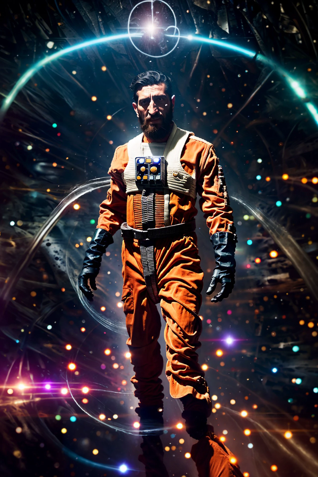 (Fares Fares:1.2) a man with a (slicked-back hair:1.3) wearing a (orange:0.2) (rebel pilot suit:1.2), dark space, bright stars, (full:1.2) (long:0.5) (squarish:1.2) big (beard:1.2), devilish (confident looking down:1.2), (a circle of swirling psionicmagic, psychic energy, mana flow, shimmers, magic filament thread:1.1) is around his body, 4k uhd, dslr, soft light, high quality, Fujifilm XT3 <lora:RPSV3:0.82> <lora:Fares_FaresSD15:0.75> <lora:epiNoiseoffset_v2:1.0> <lora:PsionicMagic-20:0.65> <lora:weight_slider_v2:-1.8> <lora:detail_slider_v4:1.0>