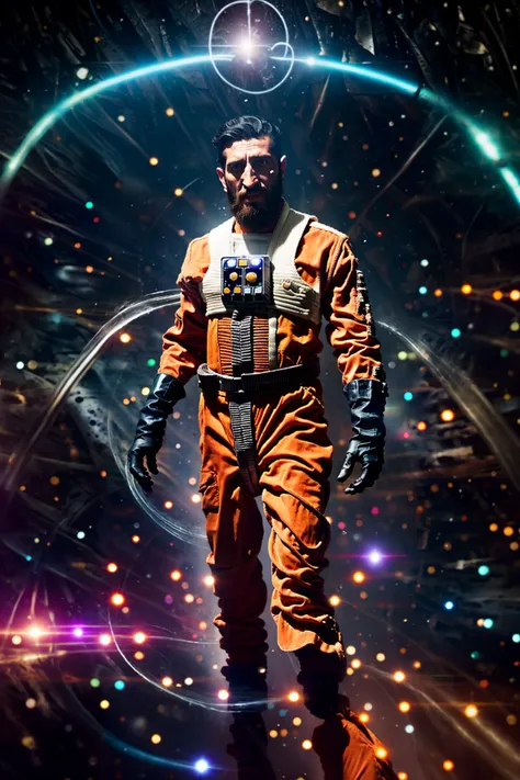 (Fares Fares:1.2) a man with a (slicked-back hair:1.3) wearing a (orange:0.2) (rebel pilot suit:1.2), dark space, bright stars, (full:1.2) (long:0.5) (squarish:1.2) big (beard:1.2), devilish (confident looking down:1.2), (a  circle of swirling psionicmagic, psychic energy, mana flow, shimmers, magic filament thread:1.1) is around his body, 4k uhd, dslr, soft light, high quality, Fujifilm XT3  <lora:RPSV3:0.82>  <lora:Fares_FaresSD15:0.75>  <lora:epiNoiseoffset_v2:1.0> <lora:PsionicMagic-20:0.65>  <lora:weight_slider_v2:-1.8> <lora:detail_slider_v4:1.0>