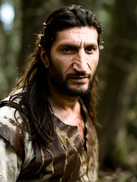 chest portrait photo of (Fares Fares:1.3) wearing viking warrior clothes, bloody face, front view, in the woods forrest, middle-aged daddy, skin detail, pores, messy (medium long hair:1.2), studio light, natural lighting, 4k uhd, dslr, soft lighting, high quality, Fujifilm XT3 <lora:Fares_FaresSD15_v1a-000015:0.85>