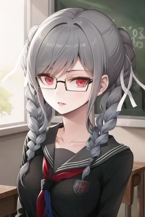 Masterpiece, Best Quality, <lora:PekoDG:1>, 1girl, black serafuku, black shirt, breasts, collarbone, glasses, hair ribbon, looking at viewer, ribbon, school uniform, serafuku, solo, upper body, white ribbon
