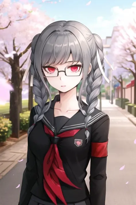 Masterpiece, Best Quality, <lora:PekoDG:1>, 1girl, black serafuku, black shirt, breasts, collarbone, glasses, hair ribbon, looking at viewer, ribbon, school uniform, serafuku, solo, upper body, white ribbon, outdoors, cherry blossoms,