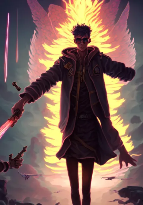 textless, best quality, War in Heaven (serphm:1.3) Archangel Holding Flaming Weapon, battling demons in another world, ggffff666666