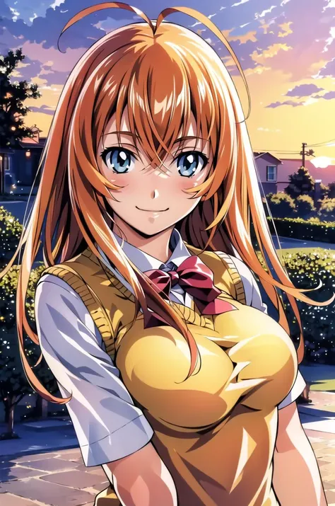 ((masterpiece,best quality, detailed)), 1girl, solo, outdoors, garden, upper body, sunset, smile, closed mouth,
sonsaku hakufu, sweater vest, red bow, white shirt, <lora:SonsakuHakufuV13:1>