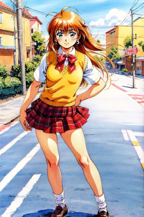 ((masterpiece,best quality, detailed)), 1girl, solo, outdoors, street,
sonsaku hakufu, plaid skirt, sweater vest, white socks, loafers, red bow, white shirt, earrings, <lora:SonsakuHakufuV13:1>,
takada akemi, painting \(medium\), retro artstyle, traditional media, watercolor \(medium\), 1980s \(style\), <lora:akemiTakada1980sStyle_1:0.5>