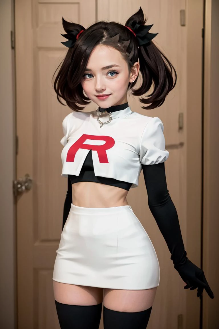 (masterpiece, best quality:1.2), solo,
beautiful eyes,
<lora:Cosplay_TeamRocket_v2:0.7>,
Cosplay_TeamRocket, white jacket, cropped jacket, white skirt, elbow gloves, black thighhighs, zettai ryouiki, <lora:marnie_v1:0.7>, hmmarnie, aqua eyes, black choker, red ribbon, jewelry, solo, smiling, looking at viewer, cowboy shot, ,