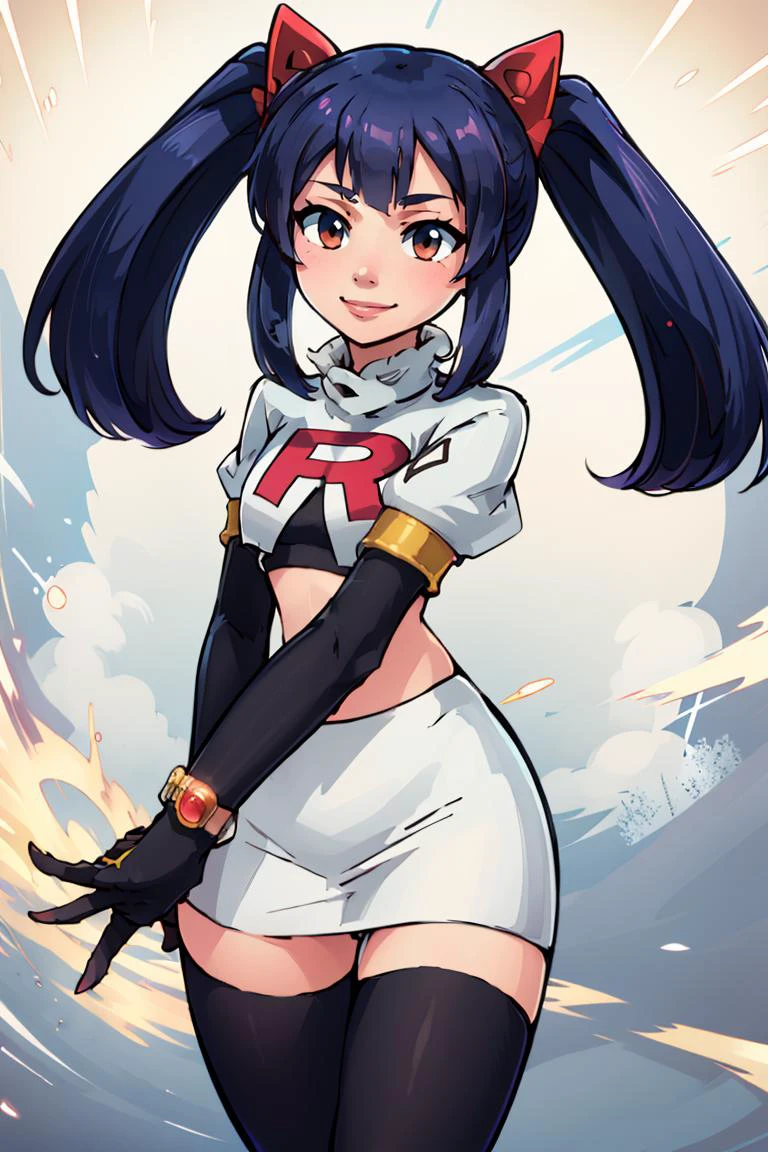 <lora:Cosplay_TeamRocket_v2:0.7>, ((masterpiece,best quality)), Cosplay_TeamRocket, white jacket, cropped jacket, white skirt, elbow gloves, black thighhighs, zettai ryouiki, aawendy, long hair, twintails, hair ornament, bracelet, <lora:wendy_marvell_v1:0.7>, cowboy shot, smile,