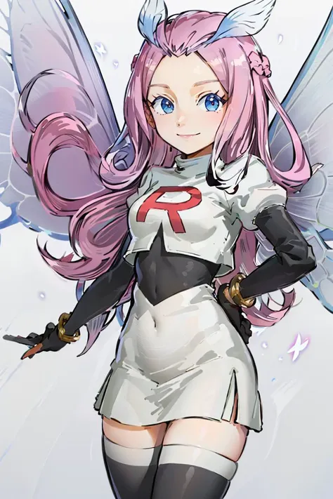 <lora:Cosplay_TeamRocket_v2:0.8>, ((masterpiece,best quality)), Cosplay_TeamRocket, white jacket, cropped jacket, white skirt, elbow gloves, black thighhighs, zettai ryouiki, <lora:Tasi_AFK_Anime:0.8>, Tasi_AFK, long pink hair, fairy, fairy wings, solo, smiling, looking at viewer, cowboy shot, , ,