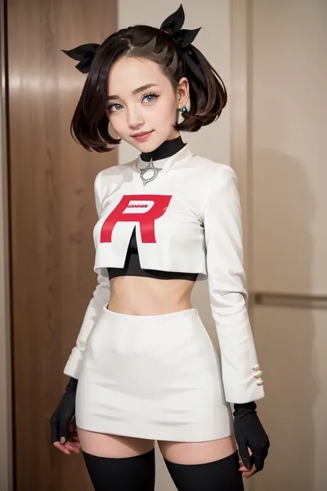 (masterpiece, best quality:1.2), solo,
beautiful eyes,
<lora:Cosplay_TeamRocket_v2:0.7>,
Cosplay_TeamRocket, white jacket, cropped jacket, white skirt, elbow gloves, black thighhighs, zettai ryouiki, <lora:marnie_v1:0.7>, hmmarnie, aqua eyes, black choker, red ribbon, jewelry, solo, smiling, looking at viewer, cowboy shot, ,