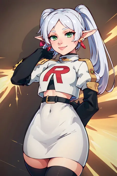 <lora:Cosplay_TeamRocket_v2:0.7>, ((masterpiece,best quality)), Cosplay_TeamRocket, white jacket, cropped jacket, white skirt, elbow gloves, black thighhighs, zettai ryouiki, aafrie, long hair, white hair, twintails, pointy ears, earrings, green eyes, thick eyebrows, <lora:frieren_v1:0.7>, cowboy shot,smile,
