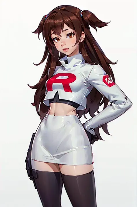 <lora:shoe:0.9> brown eyes, brown hair, long hair,   <lora:Cosplay_TeamRocket_v2:0.7> Cosplay_TeamRocket, white jacket, cropped jacket, white skirt, elbow gloves, black thighhighs, zettai ryouiki,, absurdres, ultra detailed, masterpiece, best quality, aesthetic, detailed,