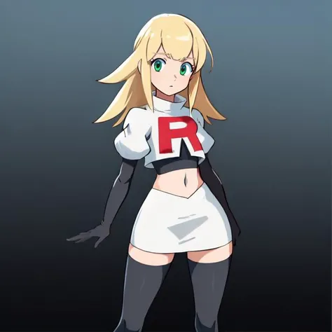 cowboy shot, <lora:teamRocketOutfitStr08Triggers Cosplay_TeamRocket, white jacket, cropped jacket, white skirt, elbow gloves, black thighhighs, zettai ryouiki:0.8> cosplay_teamrocket, white jacket, cropped jacket, white skirt, elbow gloves, black thighhighs, <lora:rollCaskettStr07TriggerRoll caskett:0.4> roll caskett, blonde hair, long hair, green eyes, highres, Digital art, trending on artstation, best quality, insanely detailed, masterpiece, stunning environment, wide-angle,