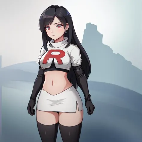 cowboy shot, <lora:teamRocketOutfitStr08Triggers Cosplay_TeamRocket, white jacket, cropped jacket, white skirt, elbow gloves, black thighhighs, zettai ryouiki:0.8> cosplay_teamrocket, white jacket, cropped jacket, white skirt, elbow gloves, black thighhighs, <lora:tifaLockhart3DStr075TriggerTifa lockhart:0.75> tifa_lockhart, black_hair, highres, Digital art, trending on artstation, best quality, insanely detailed, masterpiece, stunning environment, wide-angle,