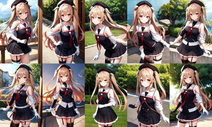 masterpiece, best quality, highres, bbmurasa, long hair, two side up, hair flaps, hairclip, hat, black headwear, heterochromia, red eyes, brown eyes, white sailor collar, red neckerchief, black shirt, detached sleeves, white gloves, black skirt, garter straps, <lora:murasame_v1:0.7>, smile, cowboy shot, standing, outdoors,