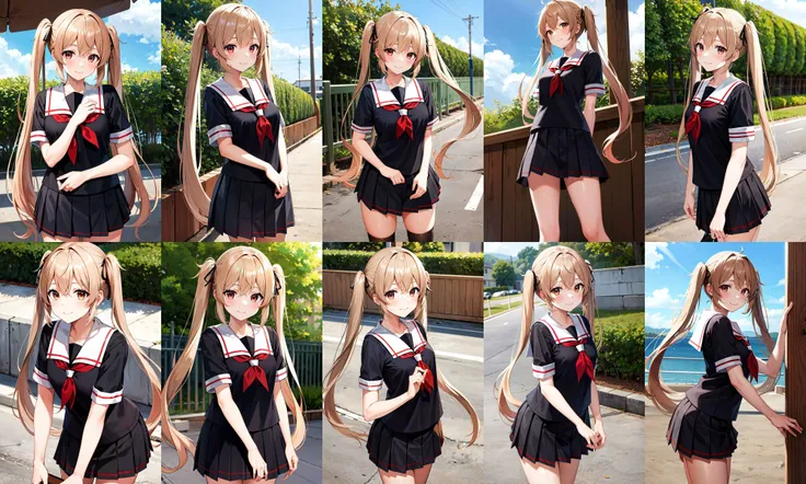 masterpiece, best quality, highres, aamurasa, long hair, twintails, school uniform, white sailor collar, red neckerchief, sailor shirt, black shirt, short sleeves, black skirt, pleated skirt, <lora:murasame_v1:0.7>, cowboy shot, standing smile, outdoors, straight-on,