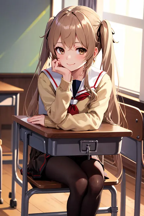 <lora:murasame_v1:0.7> aamurasa, long hair, twintails, school uniform, white sailor collar, red neckerchief, yellow cardigan, long sleeves, black skirt, pleated skirt, (brown pantyhose:1.2), classroom, smile, loafers, hand on own cheek, school desk, school chair, masterpiece, best quality, highres, <lora:GoodHands-vanilla:1> nice hands, perfect hands