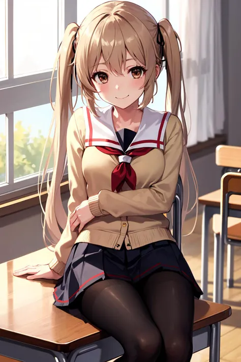 Minami Kotori、Minami Kotori、Brown hair、(Brown Eye Degree:1.5)、One side up、Hair Ribbon、bow ribbon、long、Break the blazer、a blue skirt、jaket、Otonokizaka Uniform、pleatedskirt、student clothes、Winter clothes、Looking for a break viewer、Indoor break、‎Classroom、BREAK (​masterpiece:1.2)、top-quality、hight resolution、unity 8k wall paper、(illustratio:0.8)、(beatiful detailed eyes:1.6)、extra detailed face、Perfect litthing、Highly detailed CG、 (perfect hand、perfect anatomia)、Look at viewers、red blush、A smile、(white  panties:1.3)、(Fully exposed panties:1.5)、Schools, Sit with your knees bent、Eight-headed body、beauty legs 、in a school、As if looking up from below、(knees to chest),