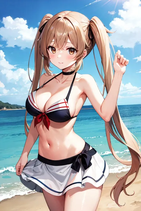 masterpiece, best quality, highres, aamurasa, long hair, twintails, medium breasts, cleavage, sailor bikini, black bikini, bikini skirt, white skirt, <lora:murasame_v1:0.7>, beach, standing, cowboy shot,