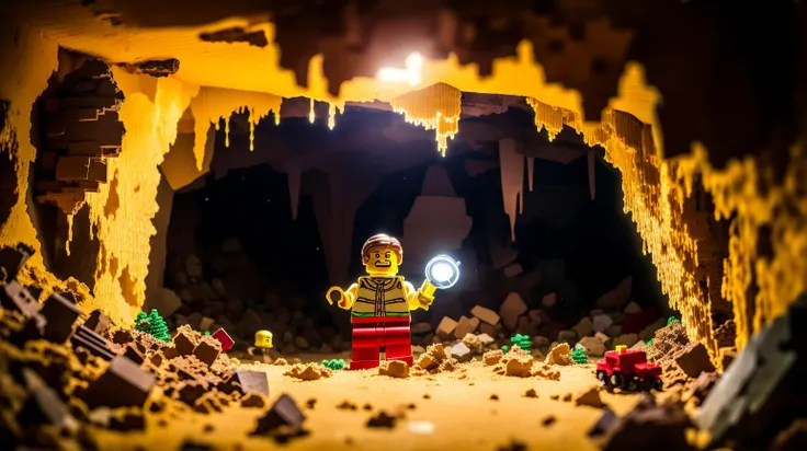 masterpiece, best quality, ultra-detailed, Perfect lighting, depth of field, <lora:LegoAIrev:1>, LEGOAI, lego material, house in Cavern, Deep underground passages, stalactites and stalagmites shimmering in torchlight made of LEGO