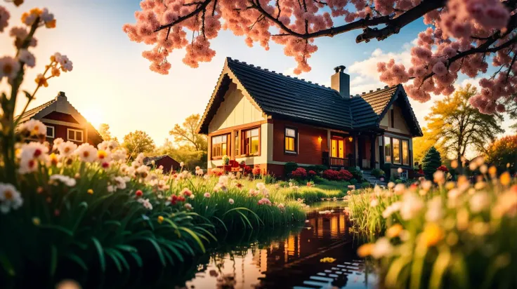 masterpiece, best quality, ultra-detailed, Perfect lighting, depth of field, <lora:LegoAIrev:1>, LEGOAI, lego material, house in Willow Marsh, Wetland with willow trees, catkins floating under a springtime sun made of LEGO