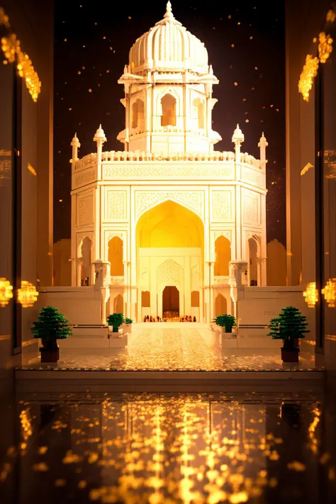 4k, high quality, ray tracing, <lora:streamlinerai:.9> legoai Taj Mahal, stylized, shiny white, full of reflections, golden glowing lights, futurism, clean edges, jasmine flowers,