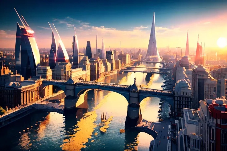4k, high quality, ray tracing, <lora:streamlinerai:.9> legoai london bridge, stylized, shiny white, full of reflections, golden glowing lights, futurism, clean edges, sunrise