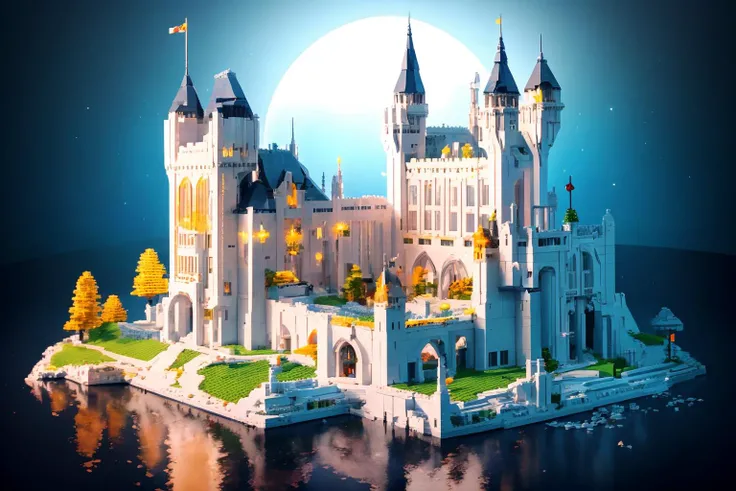 4k, high quality, ray tracing, <lora:streamlinerai:.9> legoai Arthurs Castle, stylized, shiny white, full of reflections, golden glowing lights, futurism, clean edges, sunrise