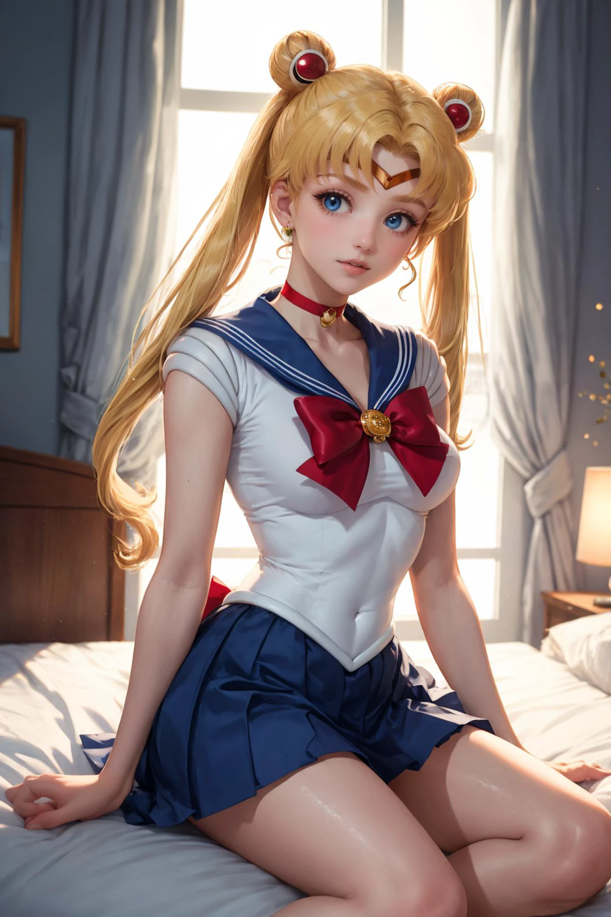 masterpiece, best quality, 8K RAW photo, film grain, bokeh, boudoir <lora:smoon-2:.8> sailor moon, 1girl, long hair, jewelry, sailor senshi uniform, blue sailor collar, blonde hair, red choker, twintails, red bow, blue skirt, blue eyes, hair bun,