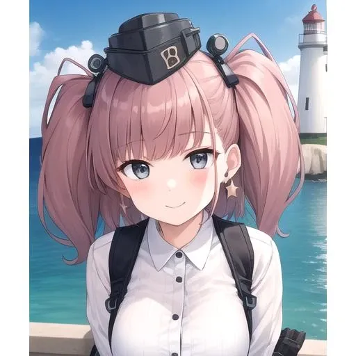 ((masterpiece)),(best quality),official art,extremely detailed CG,unity 8k wallpaper,ultra detailed,A lighthouse on a cliff by the sea,1girl,solo,upper body,(portrait:1.2),garrison_cap,long_hair,hat,two_side_up,suspenders,brown_hair,long_sleeves,large_breasts,suspender_skirt,garter_straps,jewelry,partially_fingerless_gloves,black_skirt,star_earrings,white_shirt,anchor_hair_ornament,smile,star_\(symbol\),hair_ornament,high-waist_skirt,rudder_footwear,thigh_strap,boots,grey_eyes,white_gloves,black_headwear,dress_shirt,single_earring,<lora:Atlanta(kan)>,