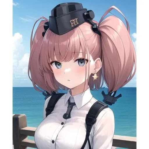 ((masterpiece)),(best quality),official art,extremely detailed CG,unity 8k wallpaper,ultra detailed,A lighthouse on a cliff by the sea,1girl,solo,upper body,(portrait:1.2),garrison_cap,long_hair,hat,two_side_up,suspenders,brown_hair,long_sleeves,large_breasts,suspender_skirt,garter_straps,jewelry,partially_fingerless_gloves,black_skirt,star_earrings,white_shirt,anchor_hair_ornament,star_\(symbol\),hair_ornament,high-waist_skirt,rudder_footwear,thigh_strap,boots,grey_eyes,white_gloves,black_headwear,dress_shirt,single_earring,<lora:Atlanta(kan)>,
