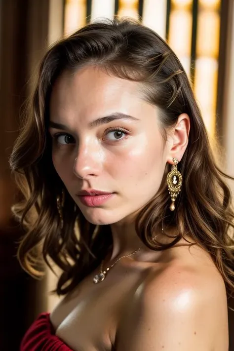 portrait of emb-laratnikova, jewelry,earrings, bobby pin,, torc earrings, tub dress, worried look, RAW, best quality, masterpiece, ultra-detailed, photorealistic, hyperdetailed, hyperrealism, 8k, full sharp, (extremely detailed eyes, extremely detailed face), detailed skin, textured skin, insane details, soft lighting, UHD, looking at viewer, volumetric lighting, intricate details, sharp focus, absurdres, highres, style by Edoardo Tresoldi, bold, bright colours, by Gustavo Lacerda , bloom, fujifilm xt-4, film strip,