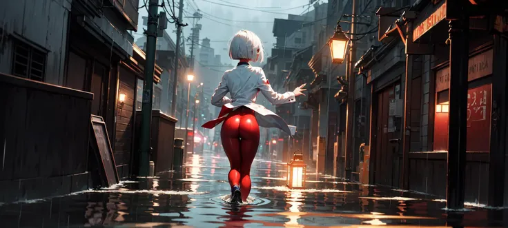 (masterpiece, best quality),1girl with short bob cut hair, white hair, red eyes, pompous red suit, bubble butt, running, alleway, back alley, flooded city, rain, raindrops, (depth of field, ambient lighting), atmospheric, light flares, intricate details, enhanced lighting,
