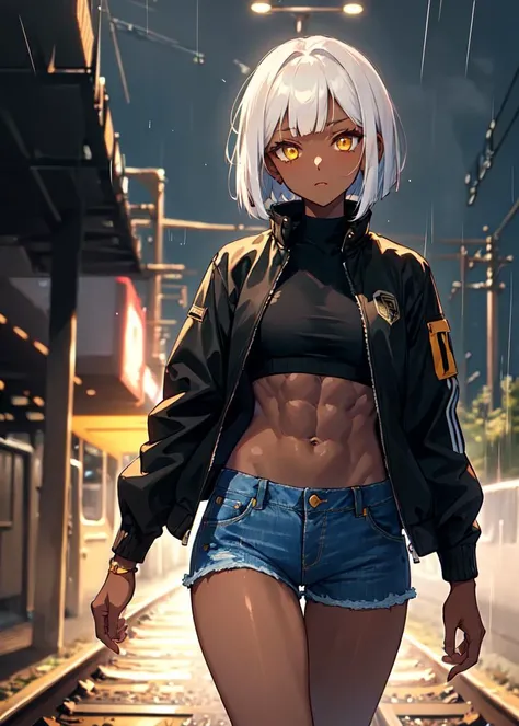 ((masterpiece:1.4, best quality:1.2)), 1girl with shor bob cut hair, yellow eyes, glowing eyes, looking at viewer, cropped jacket, black jacket, jeans denim shorts, ((dark skin:1.5, tomboy)), toned, abs, walking on train tracks, nighttime, rain
