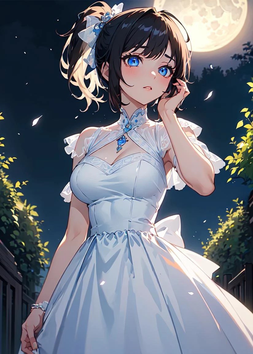 ((masterpiece:1.4, best quality:1.2)), 1girl with a short hair, side ponytail, blue eyes, glowing eyes, jewel-like eyes, white dress, pompous dress, beauitufl, delicate face, extremely beautiful anime face and eyes, in a massive garden, nighttime, moonlight shining,