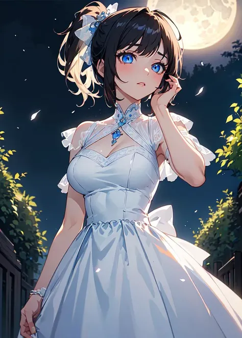 ((masterpiece:1.4, best quality:1.2)), 1girl with a short hair, side ponytail, blue eyes, glowing eyes, jewel-like eyes, white dress, pompous dress, beauitufl, delicate face, extremely beautiful anime face and eyes, in a massive garden, nighttime, moonlight shining,