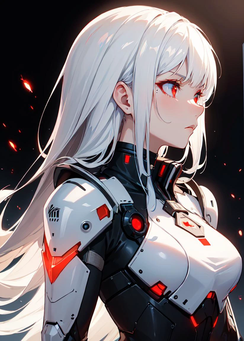 ((masterpiece:1.4, best quality:1.2)), 1girl, solo focus, tall female, delicate face, stern expression, extremely detailed anime face and eyes, beautiful white armor, hourglass figure, white hair, gradient hair, very long hair, red eyes, glowing eyes, cyberwear on face, holding plasma katana, striking, futuristic setting, white background, profile,