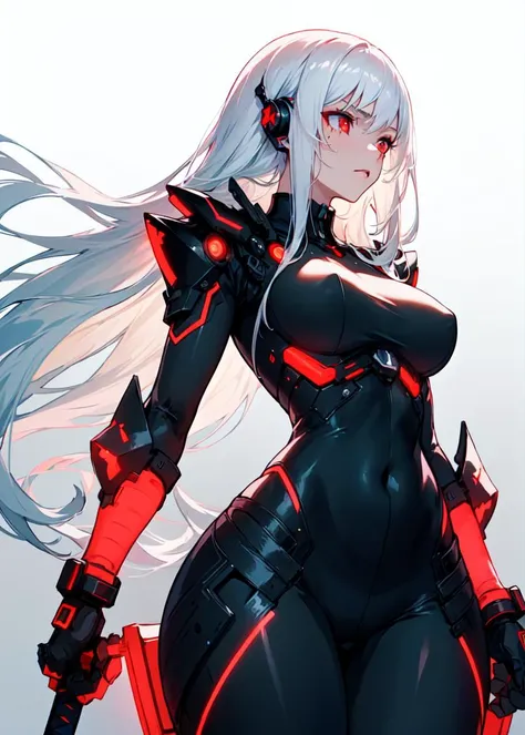 ((masterpiece:1.4, best quality:1.2)), 1girl, solo focus, tall female, delicate face, stern expression, extremely detailed anime face and eyes, beautiful white armor, hourglass figure, white hair, gradient hair, very long hair, red eyes, glowing eyes, cyberwear on face, holding plasma katana, striking, futuristic setting, white background, profile,