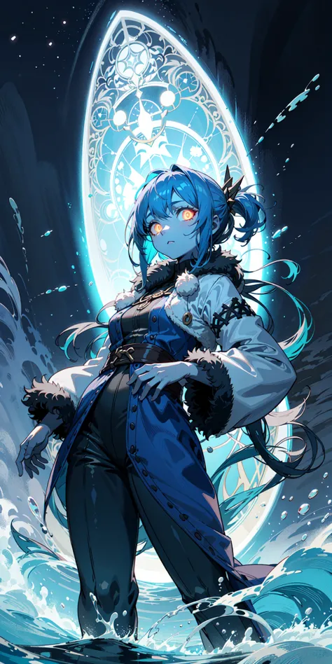 1girl, colossal, blue skin, viking, fur-trimmed clothes, ripped clothes, ocean wading, frost ocean, wading, (from below:1.3), (glowing eyes:1.2), night sky, dark theme, miniscule architecture, small nordic village, tiny people, (magic circles), silhouette, scales, (small town)