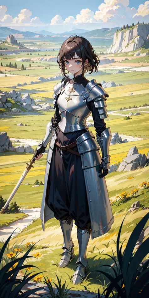 1girl, grasslands scenery, medieval armor