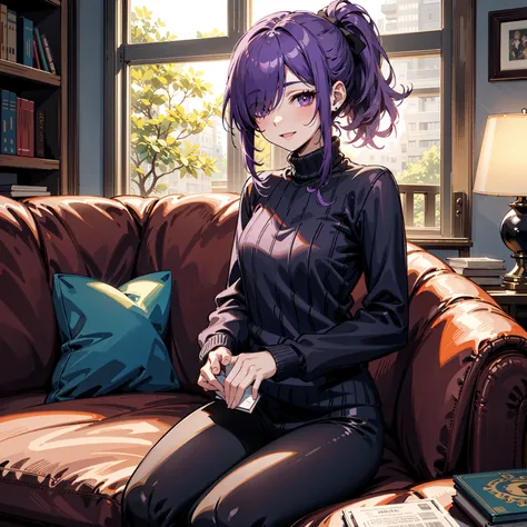 masterpiece, best quality, expressive eyes, perfect face, 1girl, hair over one eye, purple hair, ponytail, purple eyes, happy expression, medium chest, sweater, black leggings, sitting on couch, holding book, living room background, cowboy shot