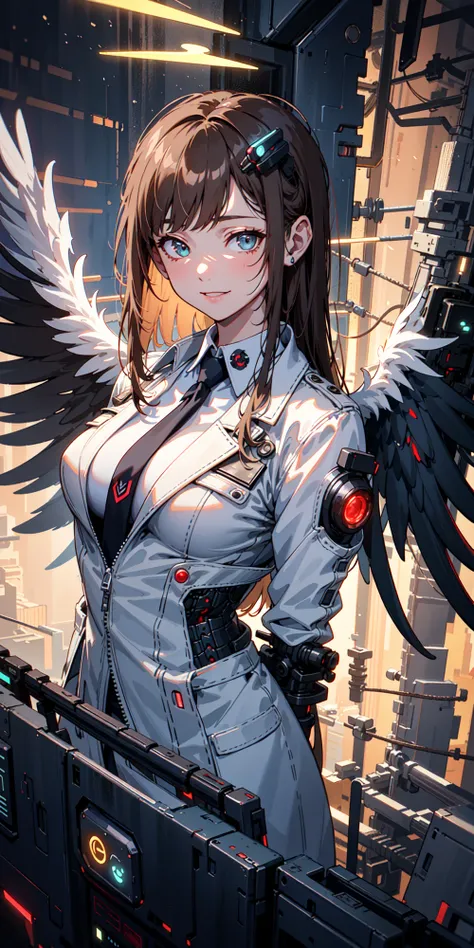 1girl, upper body, from below, white trenchcoat, brown hair, long hair, matching wings, halo, (white mechanical wings), cyber computers, holograms, neon, cyborg, necktie, glowing, smiling, (astral view), (intricate details), (cyberpunk:1.3), space station, black lingerie, bra, from above, medium breasts, (arms behind back)