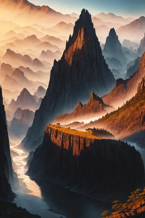 masterpiece, extremely detailed CG unity 8k wallpaper, scenery, outdoors, sky, day, no humans, mountain, landscape, water, (tree:1.2), blue sky, waterfall, cliff, nature, Mountain mist, (sunset:1.2), stone bridge on the hill, lake, river, award winning photography, HDR, extremely detailed, trending on artstation, (light_rays:1.2),(Plants cover mountains:1.2),strending on CGsociety, Intricate, dramatic, motion blur, depth of field, cinematic lighting, chiaroscuro, ray tracing, Bokeh, Depth of Field, bloom, Chromatic Aberration, Photorealistic, High Detail, award winning, best quality, best quality, high quality , <lora:VIEW_02:1>