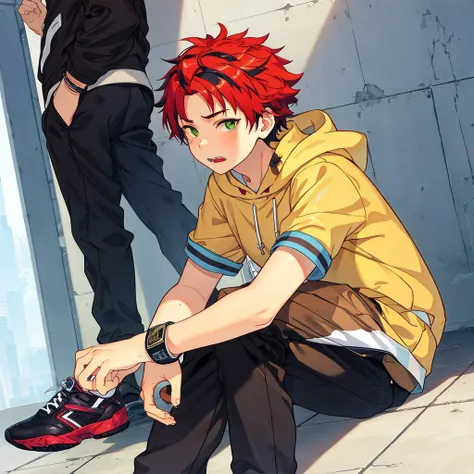 masterpiece, best quality,CG,ultra detailed,high saturation,(cinematic lighting:0.4),Ray tracing,(lens flare:0.5),beautiful detailed glow,reflected light,dynamic angle,1boy, guilonghonglang, solo, looking at viewer, 1boy, sitting,red hair,green eyes,male focus, shoes, teeth, pants, hood,  hoodie, wristband, sneakers, graffiti, yellow hoodie, black jacket, black pants, school uniform